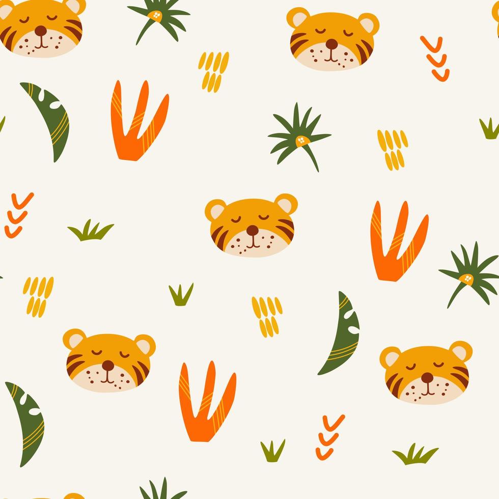 patrón sin costuras de tigre. hocico de un lindo cachorro de tigre con plantas de la selva. animales tropicales diseño infantil para tela, estampado, envoltura, textil. ilustración plana vectorial para niños vector