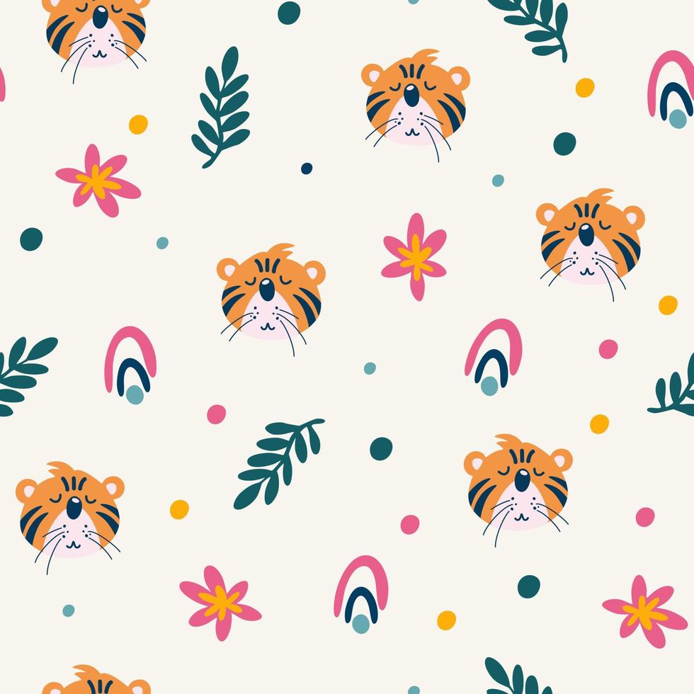 Tiger seamless pattern. Muzzle of a cute tiger cub with jungle plants. Tropical Animals. Children design for fabric, print, wrapper, textile. Vector flat illustration for kids