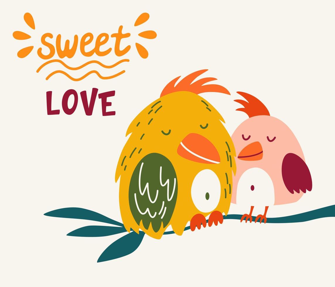 Parrots are a couple in love. Cute cartoon lovebird. Lettering. Exotic birds. Great for children cards, prints and greeting card. Isolated vector clip art illustration.