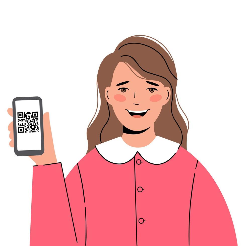 Young woman holds a mobile phone in her hand. QR code is displayed on it vector