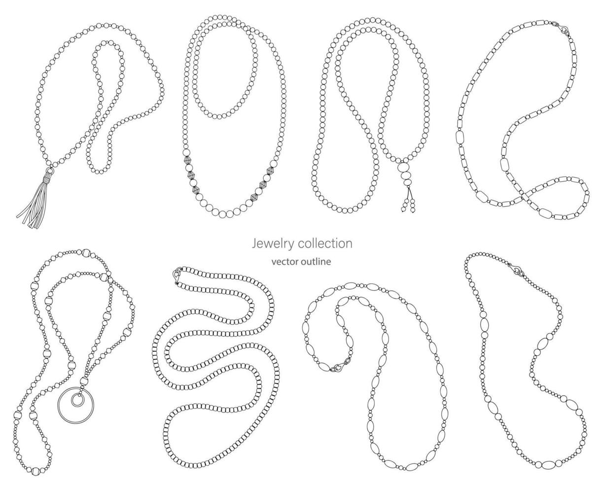 Jewelry collection of long beads. Outline image on a white background vector