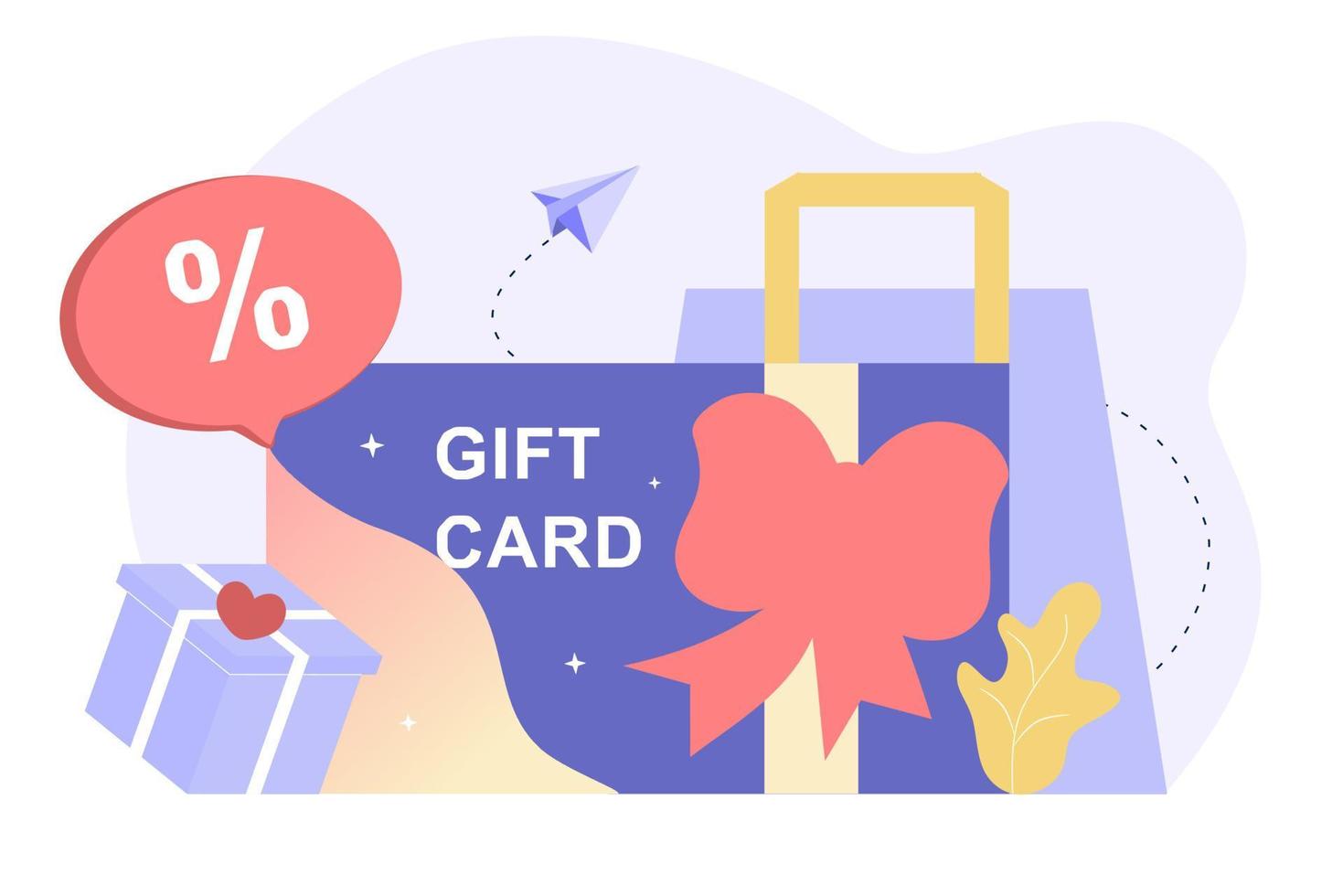 Customers getting gift card, gift voucher, discount coupon, earn points, gift certificate for promotion strategy. 3D Vector illustration template for sale, loyalty program, bonus, promotion concept.