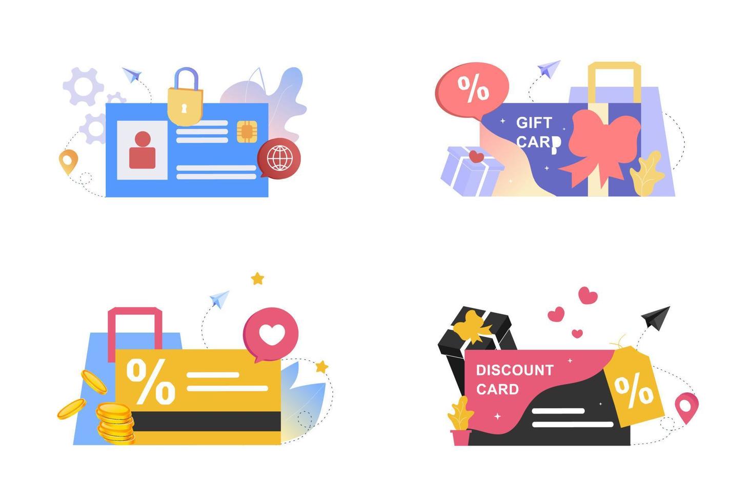 Set of templates for smart ID card, loyalty program, discount card, voucher, gift card, coupon, earn points, gift certificate concept. Flat vector illustrations for sale, bonus, promotion strategy.