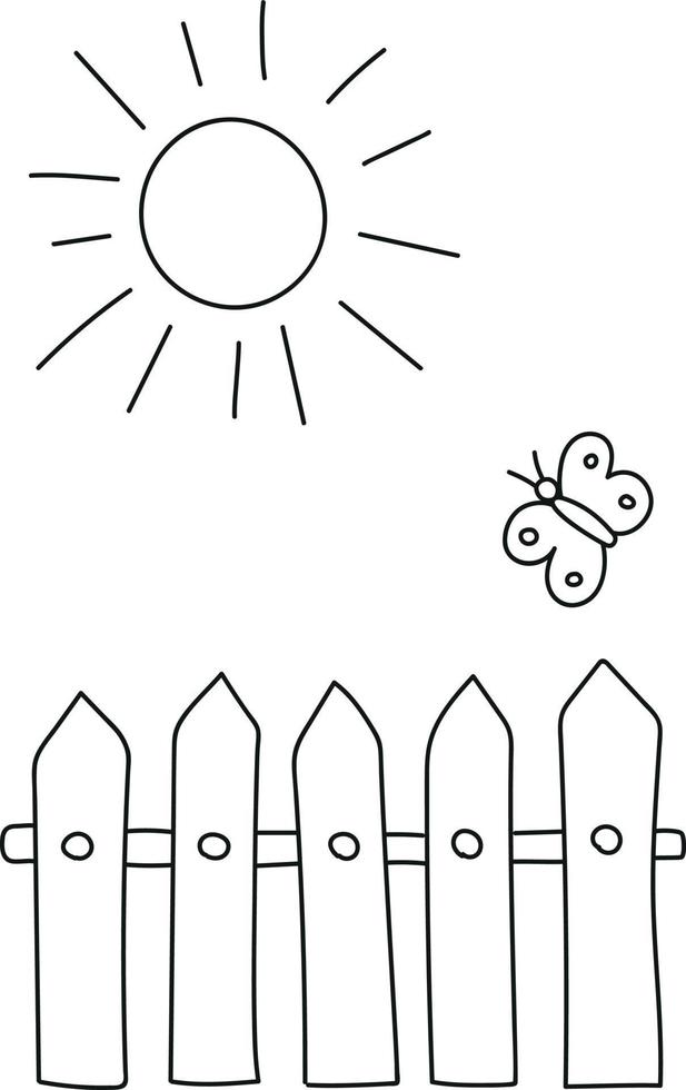 Summer or Spring Landscape Fence Sun and Flying Butterfly in Doodle Style vector