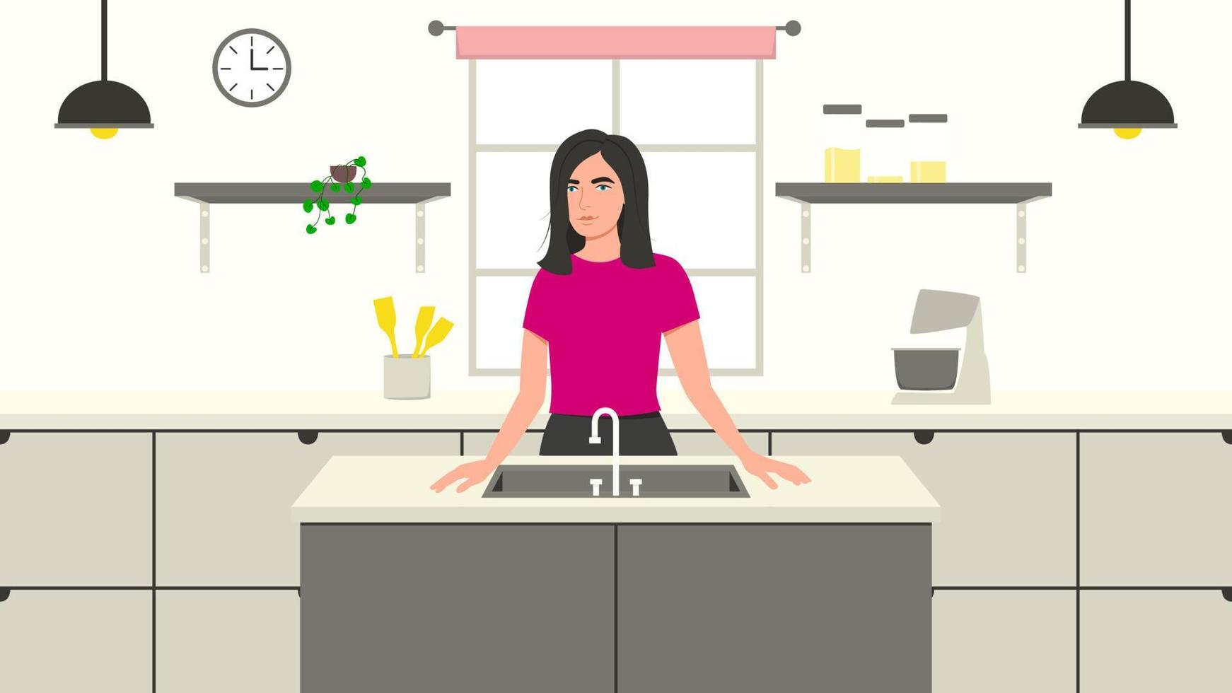 Young woman standing at the kitchen. Vector illustration