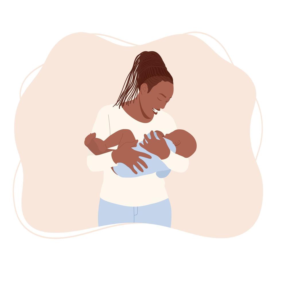 Afro woman breastfeeding her newborn baby. Vector illustration