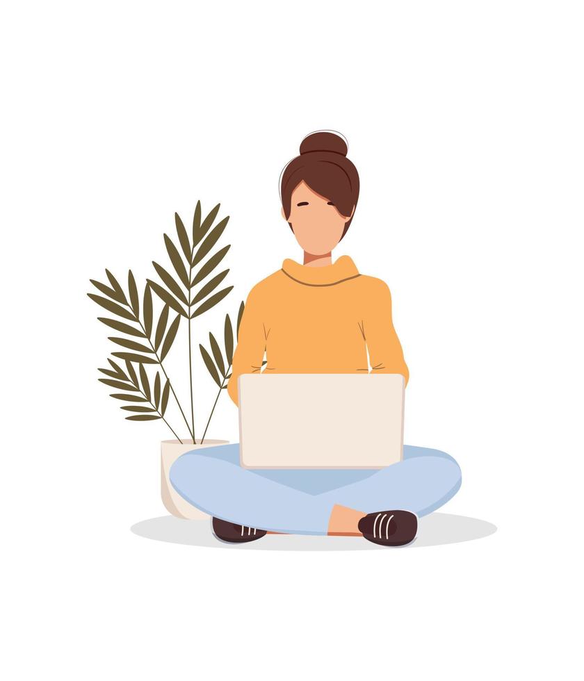 Young woman sitting with laptop isolated on the white background. Vector illustration. Self-employed, freelance concept