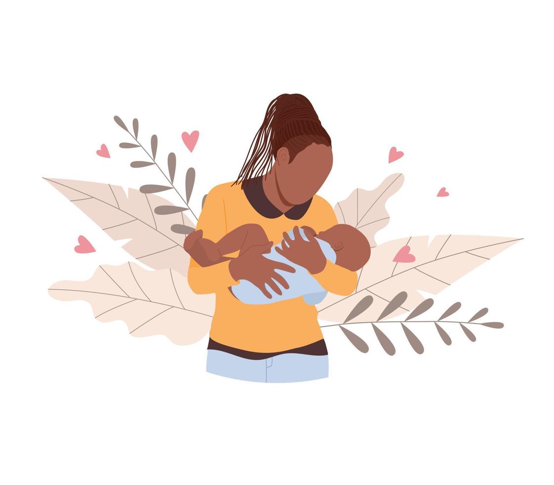 Afro American woman breastfeeding and holding her newborn baby. Vector illustration