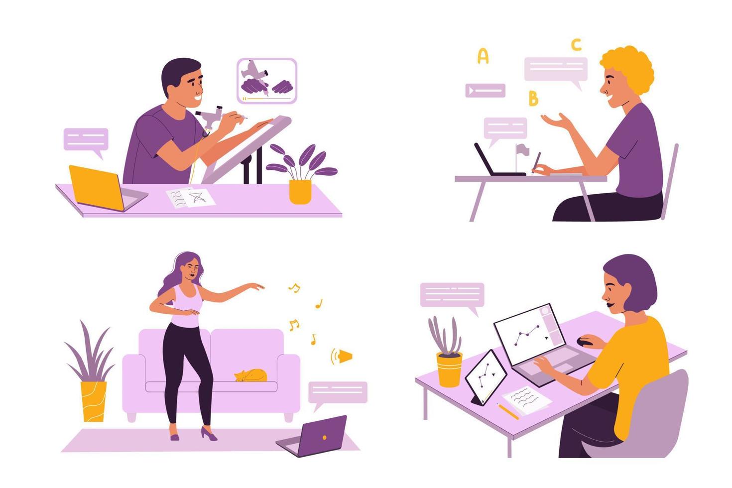 People learn to dance, draw, tattoo, languages at home from online lessons. Concept of online education, training and courses, learning, video tutorials. Flat vector cartoon illustration.