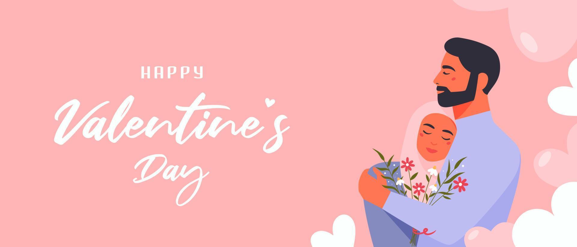 Happy valentines day banner with muslim couple and hearts. Vector flat illustration