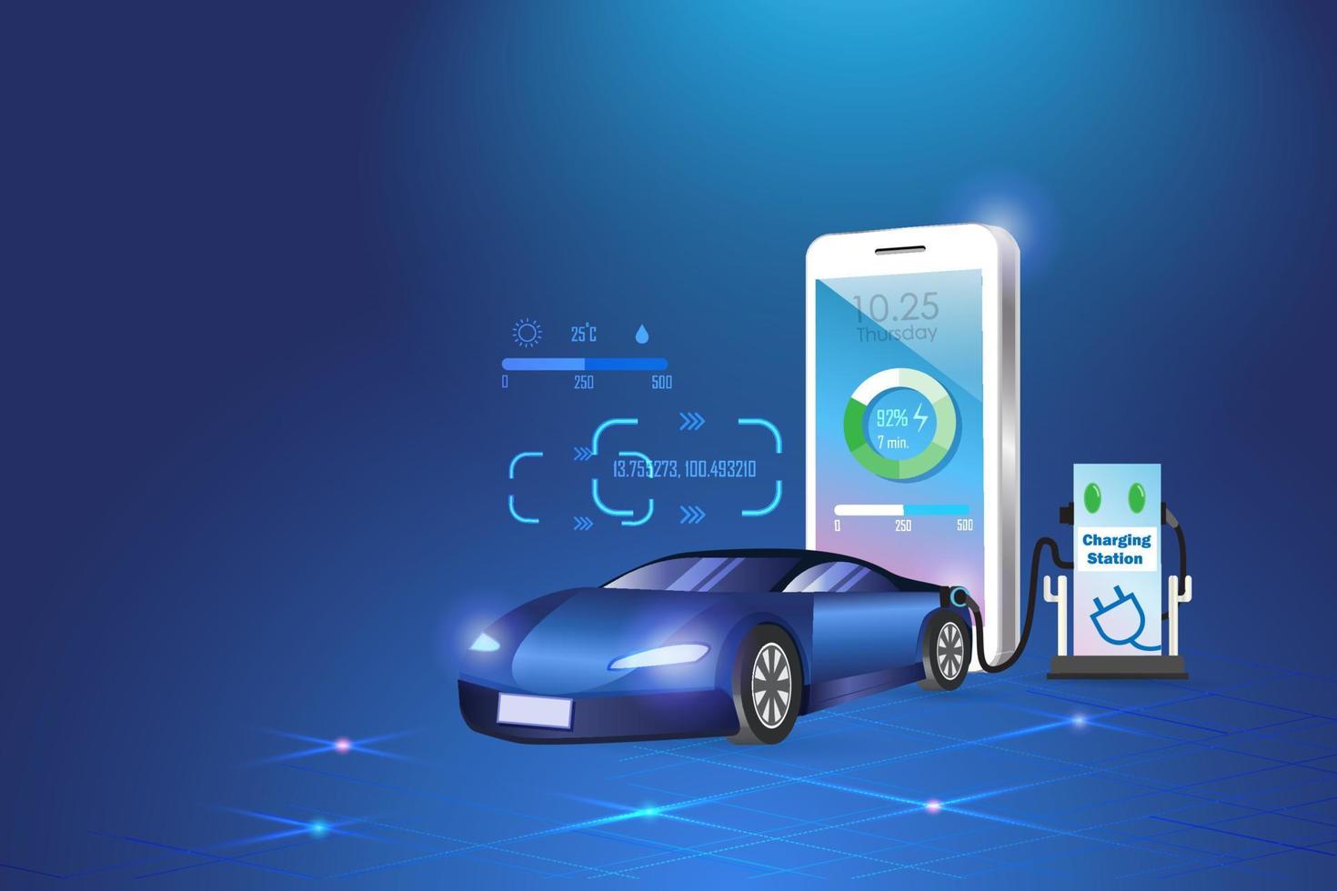 coche ev, batería de carga de vehículos eléctricos en la estación con estado de teléfono inteligente. recursos energéticos limpios y sostenibles respetuosos con el medio ambiente. energía alternativa en la tecnología del transporte. vector