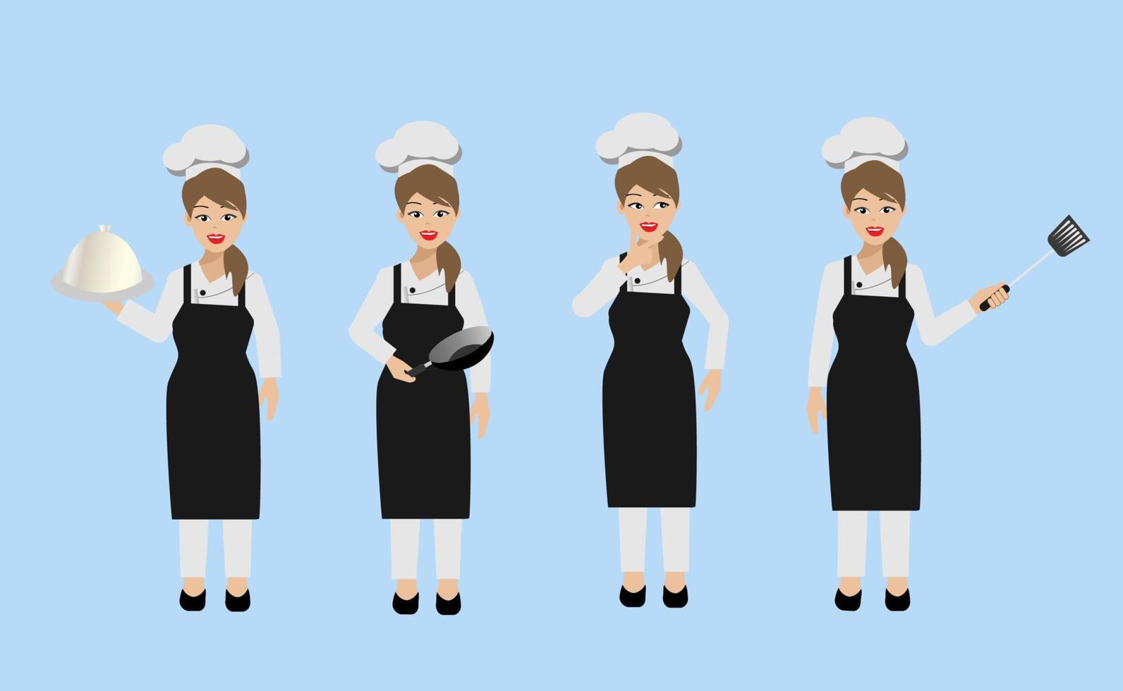 Chef woman in different poses holding cooking utensils. vector