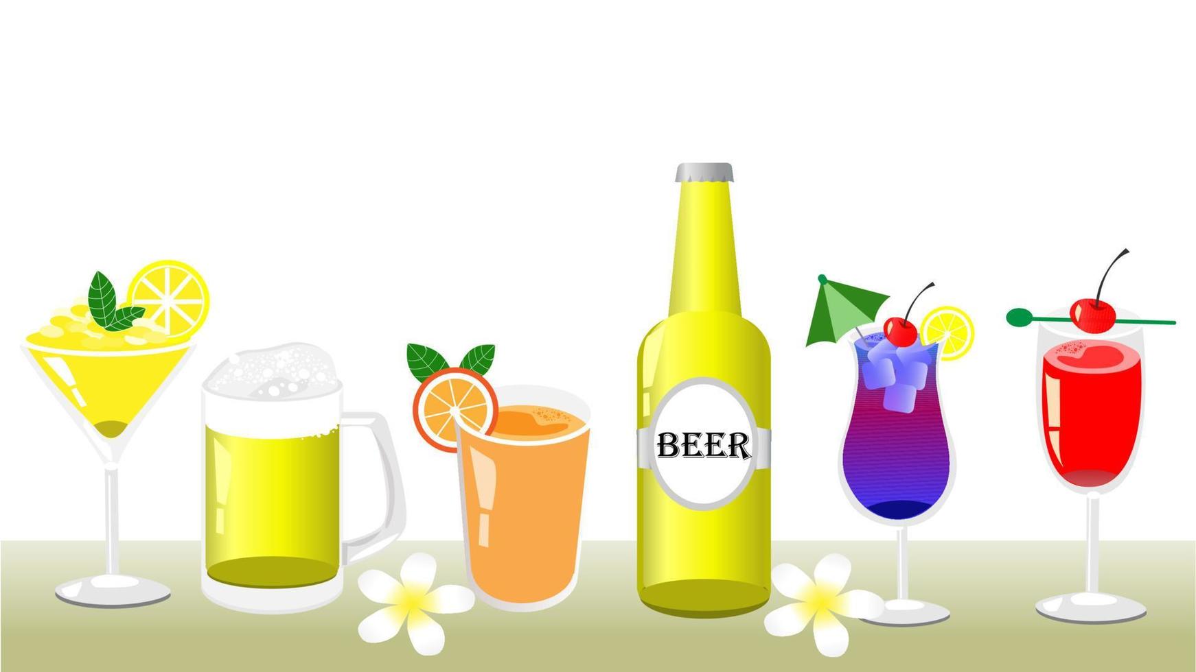 Tropical cocktail drink and beer. vector