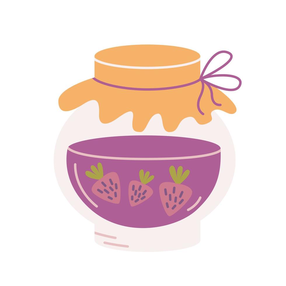 Strawberry jam in round glass jar, vector flat illustration