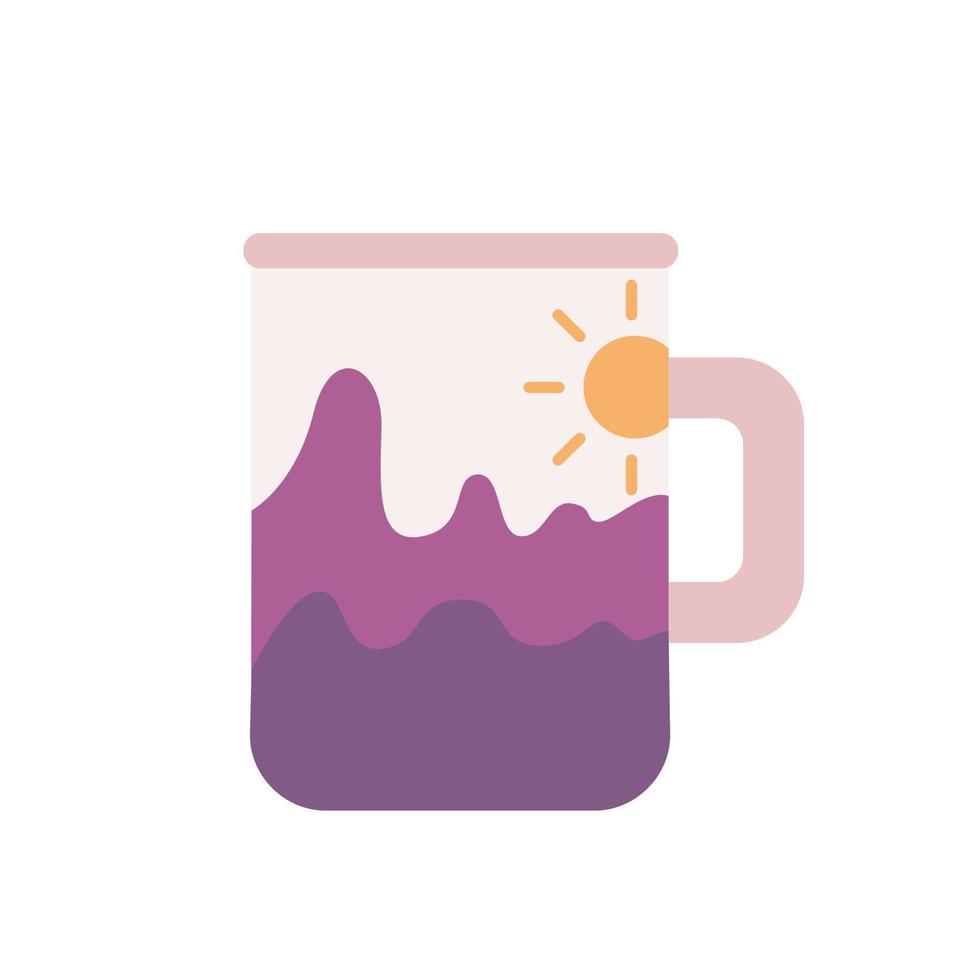 Mug decorated with mountains and the sun, hiking cup, vector flat illustration