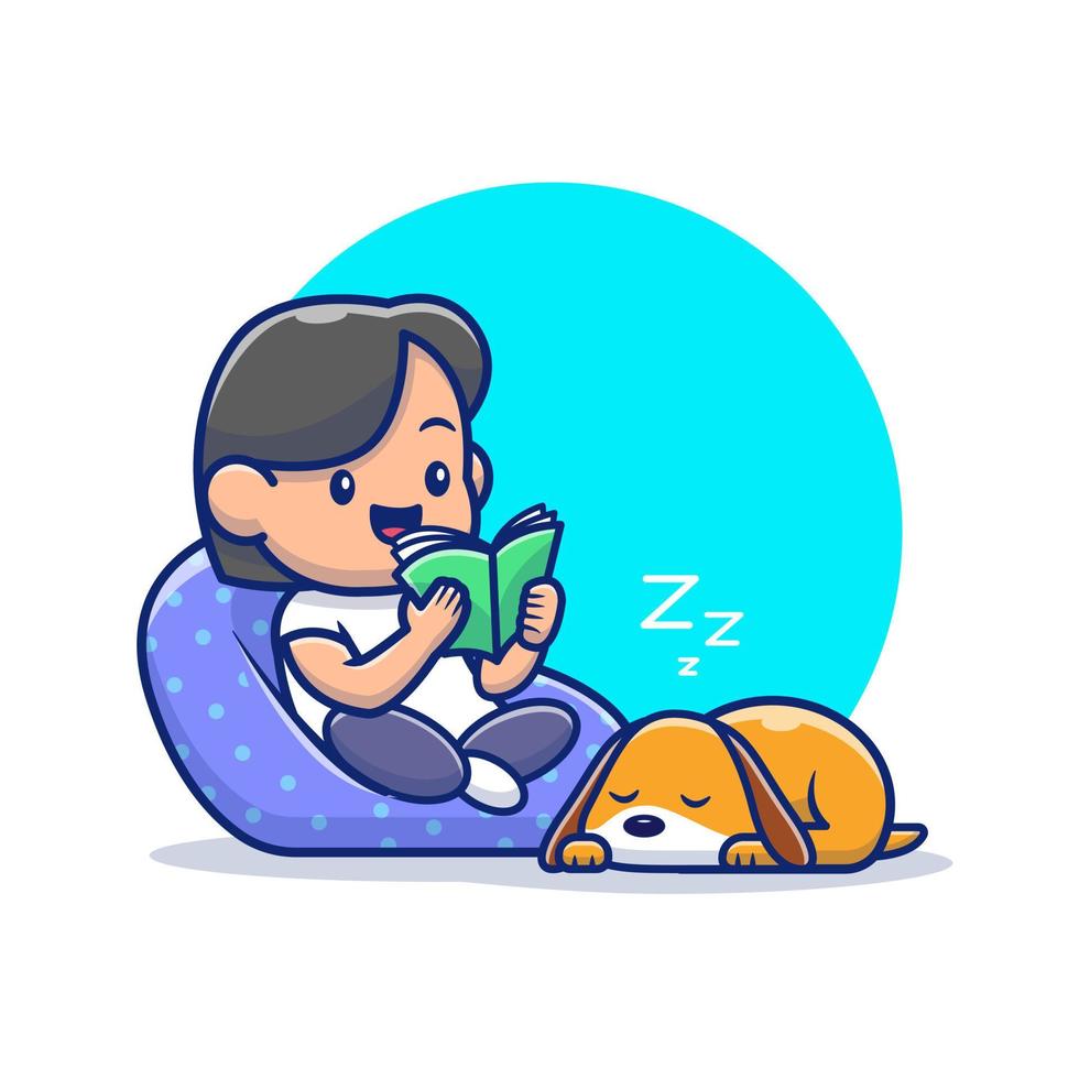 Cute Boy Reading Book And Dog Sleeping Cartoon Vector Icon  Illustration. People Education Icon Concept Isolated Premium  Vector. Flat Cartoon Style