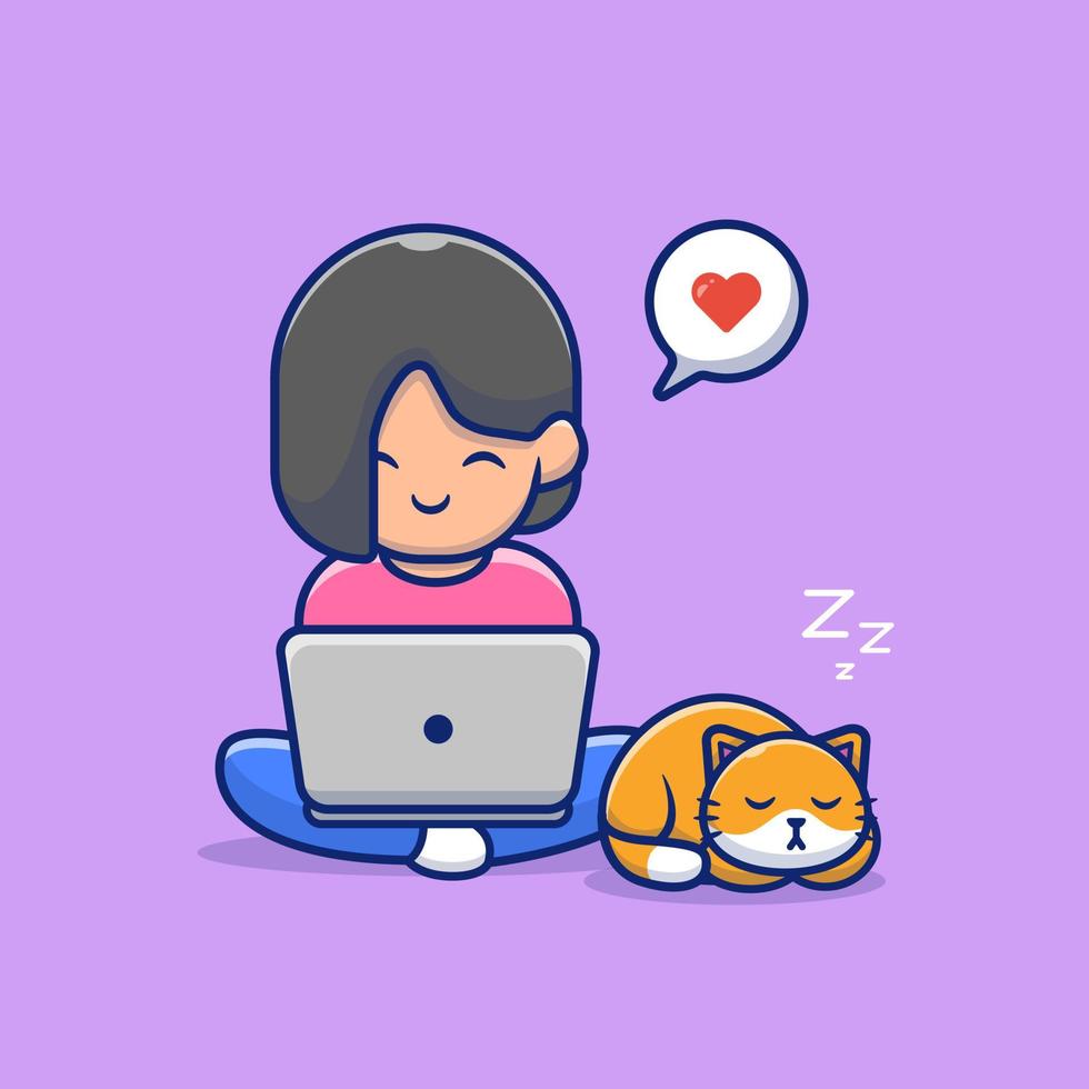 Cute Girl Operating Laptop With Cat Cartoon Vector Icon  Illustration. People Technology Icon Concept Isolated  Premium Vector. Flat Cartoon Style