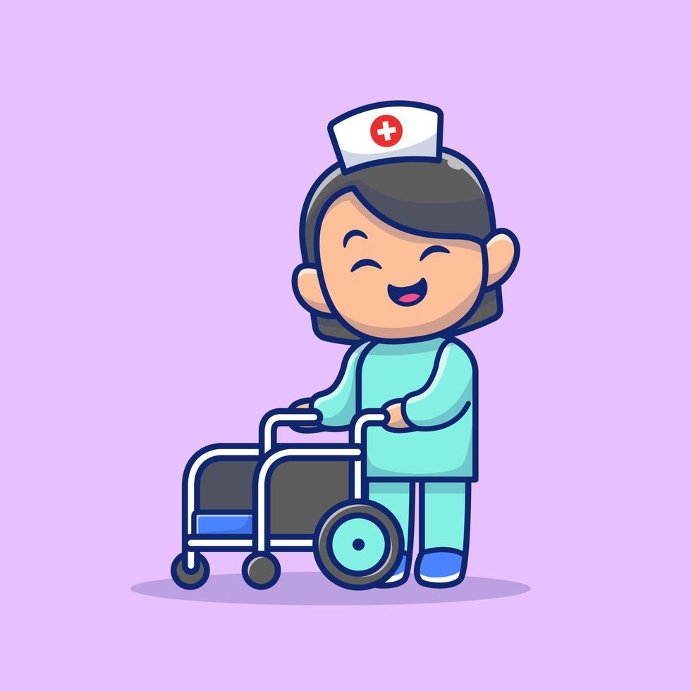 Linda enfermera con ilustración de icono de vector de dibujos animados de silla de ruedas. concepto de icono médico de personas vector premium aislado. estilo de dibujos animados plana