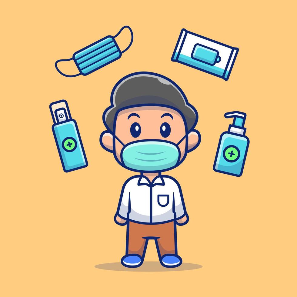 Boy Wear Mask With Health Stuff Cartoon Vector Icon  Illustration. People Medical Icon Concept Isolated Premium  Vector. Flat Cartoon Style