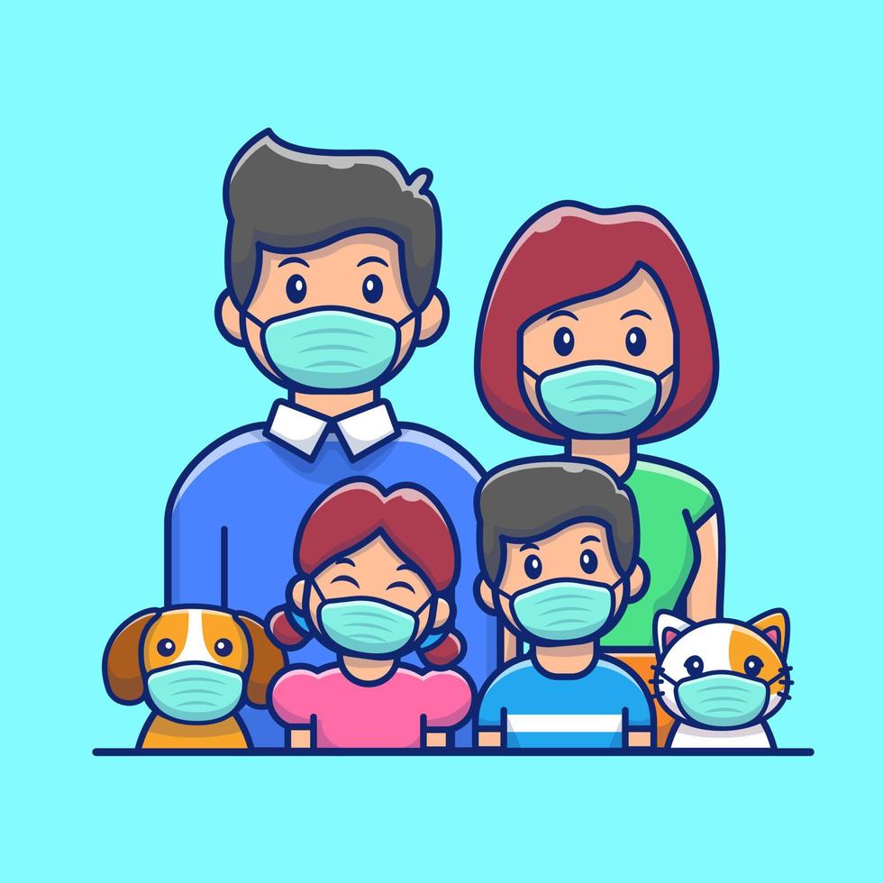 familia con ilustración de icono de vector de dibujos animados de máscara. concepto de icono médico de personas vector premium aislado. estilo de dibujos animados plana