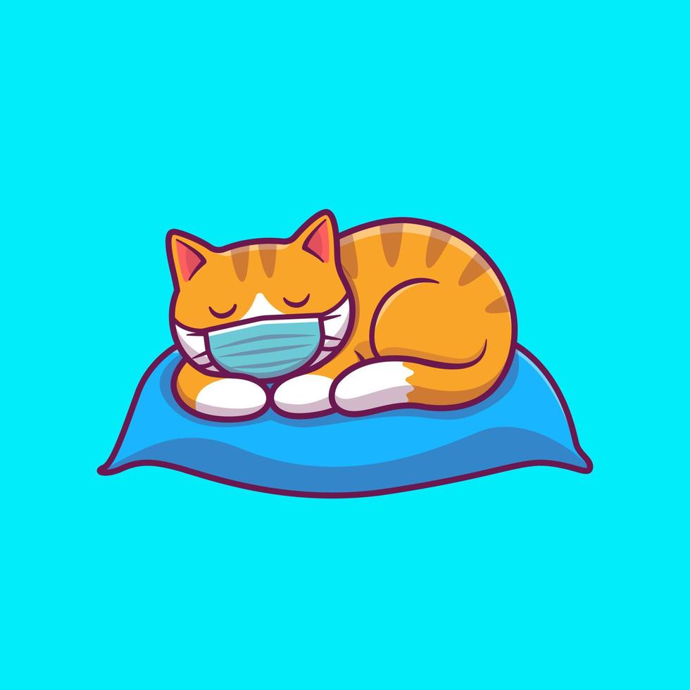 lindo gato durmiendo con máscara en la ilustración de icono de vector de dibujos animados de almohada. concepto de icono médico animal vector premium aislado. estilo de dibujos animados plana