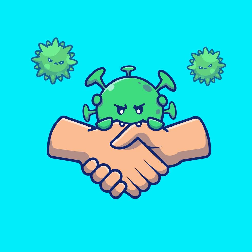Hand Shake With Cute Virus Cartoon Vector Icon Illustration.  People Medical Icon Concept Isolated Premium Vector. Flat  Cartoon Style