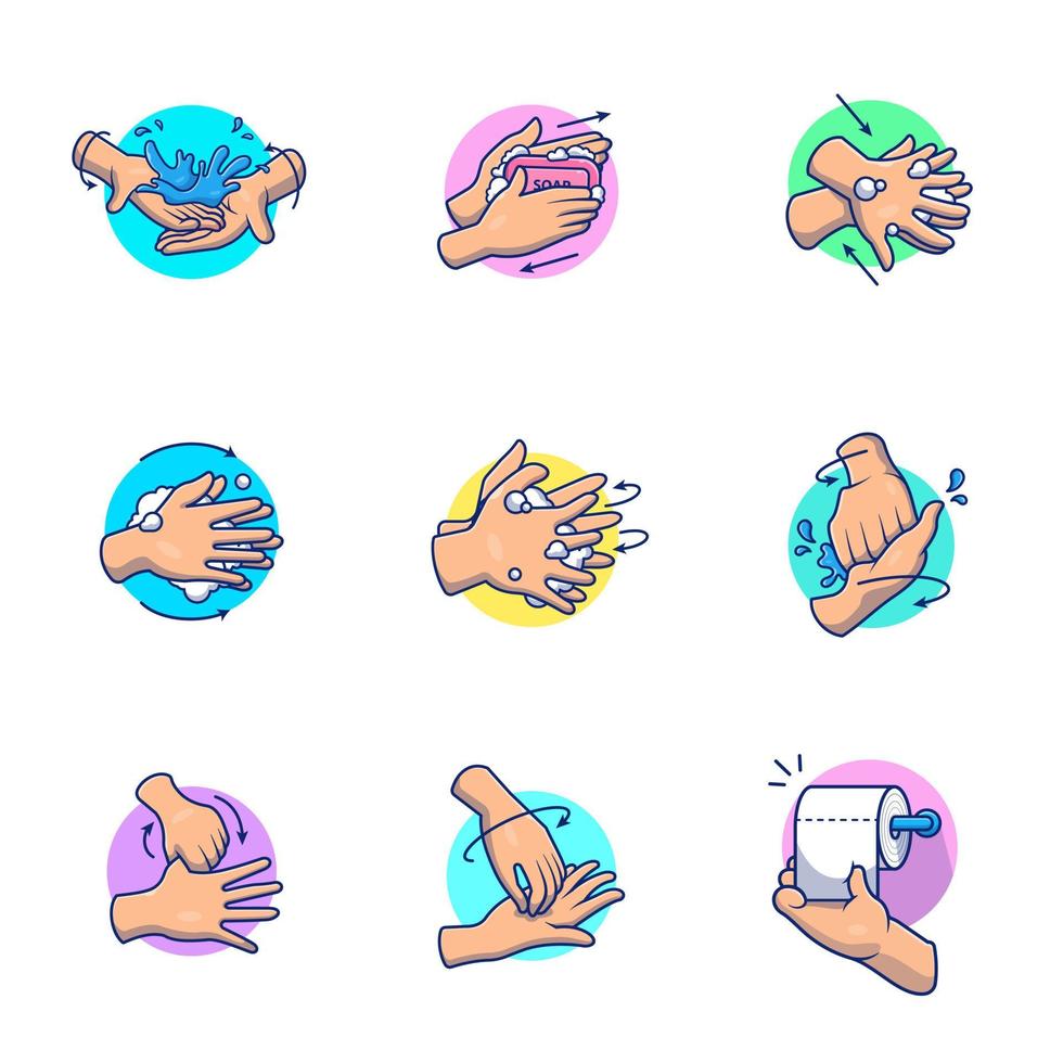 ilustración de icono de vector de dibujos animados de conjunto de manos de lavado. concepto de icono médico de personas vector premium aislado. estilo de dibujos animados plana