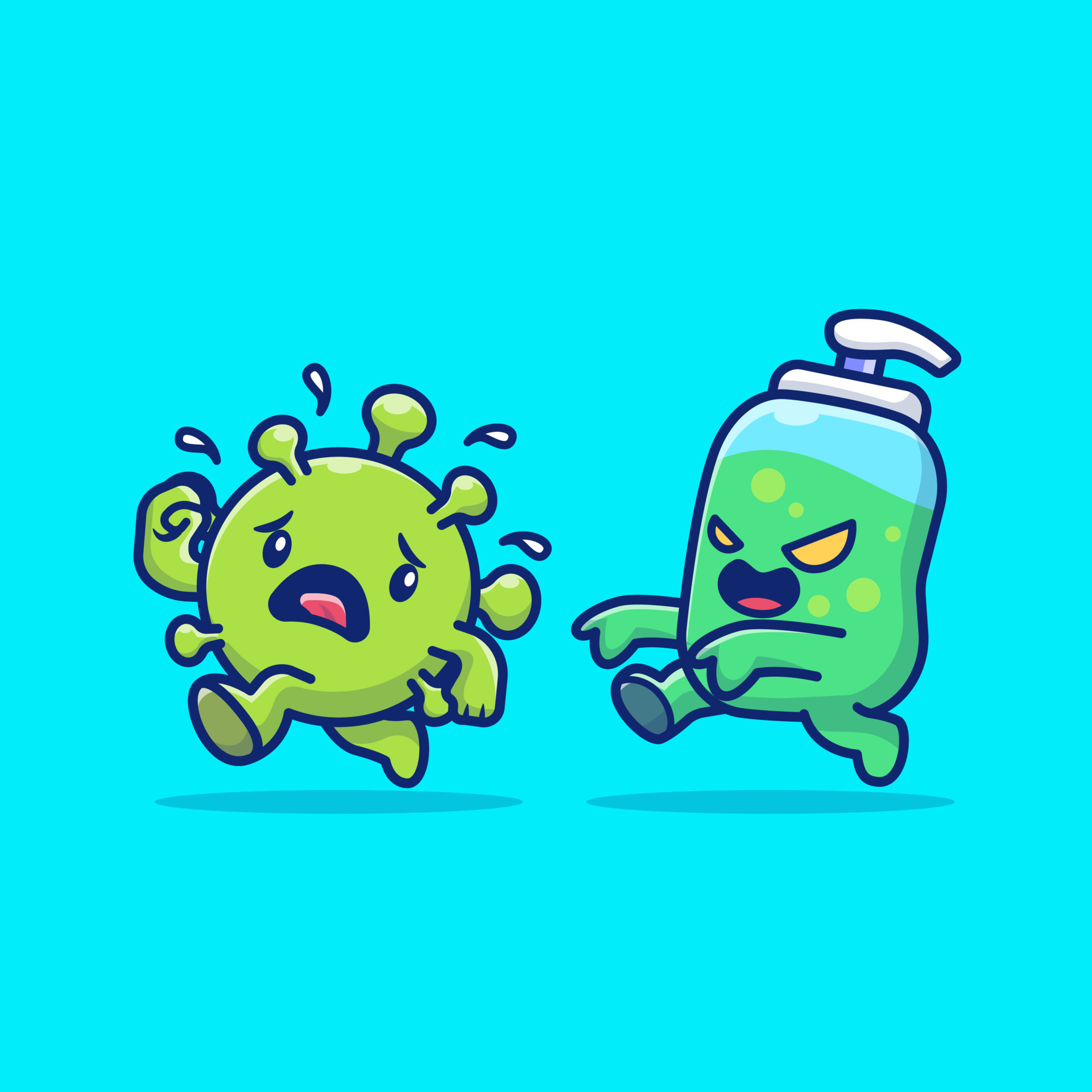 Cute Hand Sanitizer Catch Up Virus Cartoon Vector Icon Illustration