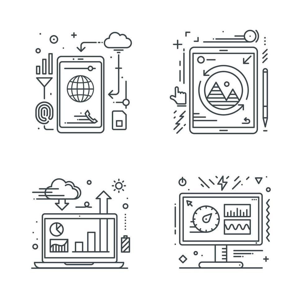 Smartphone tablet laptop and desktop icon. Thin line design. Vector illustration