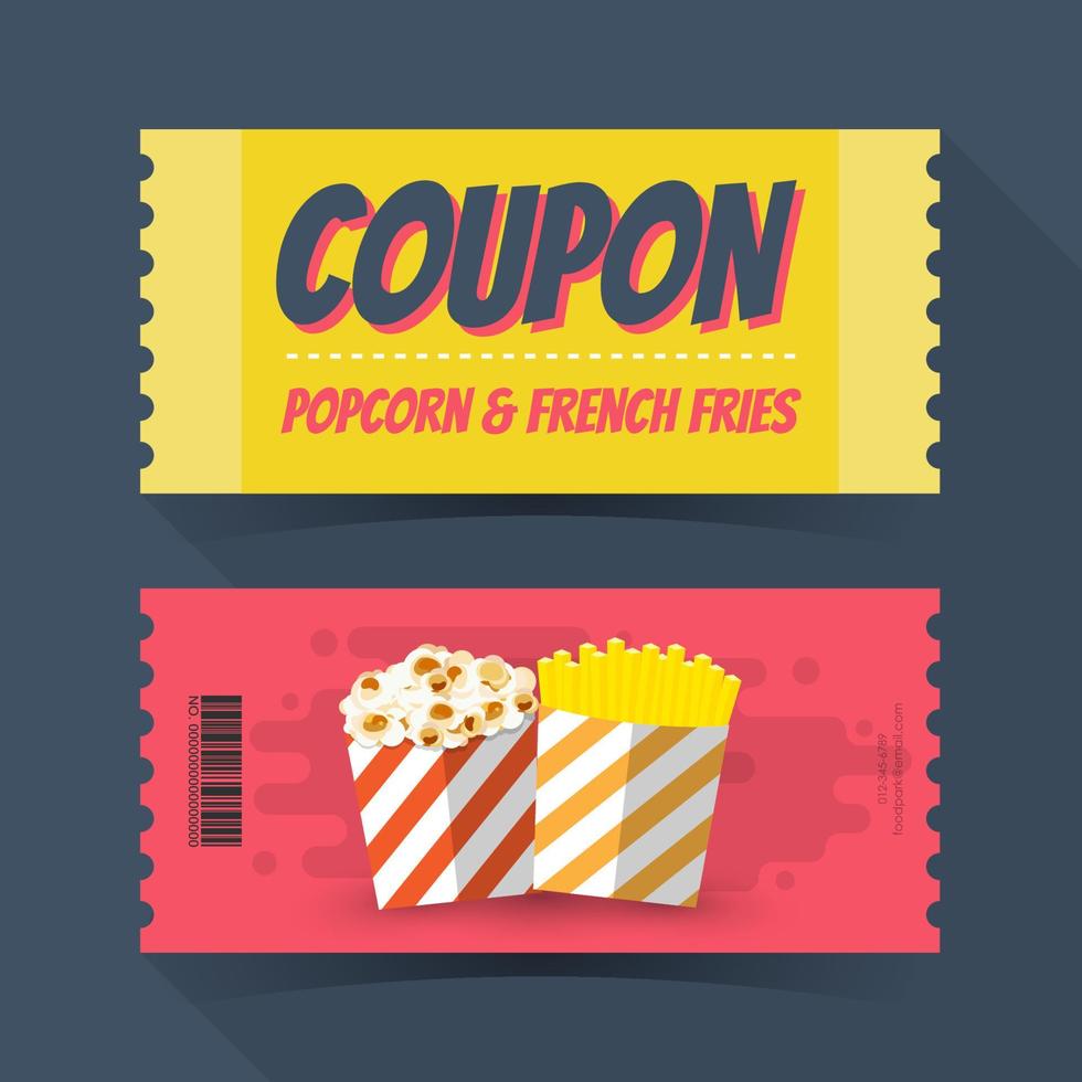 Coupon popcorn and french fries ticket card. Element template for graphics design. Vector illustration