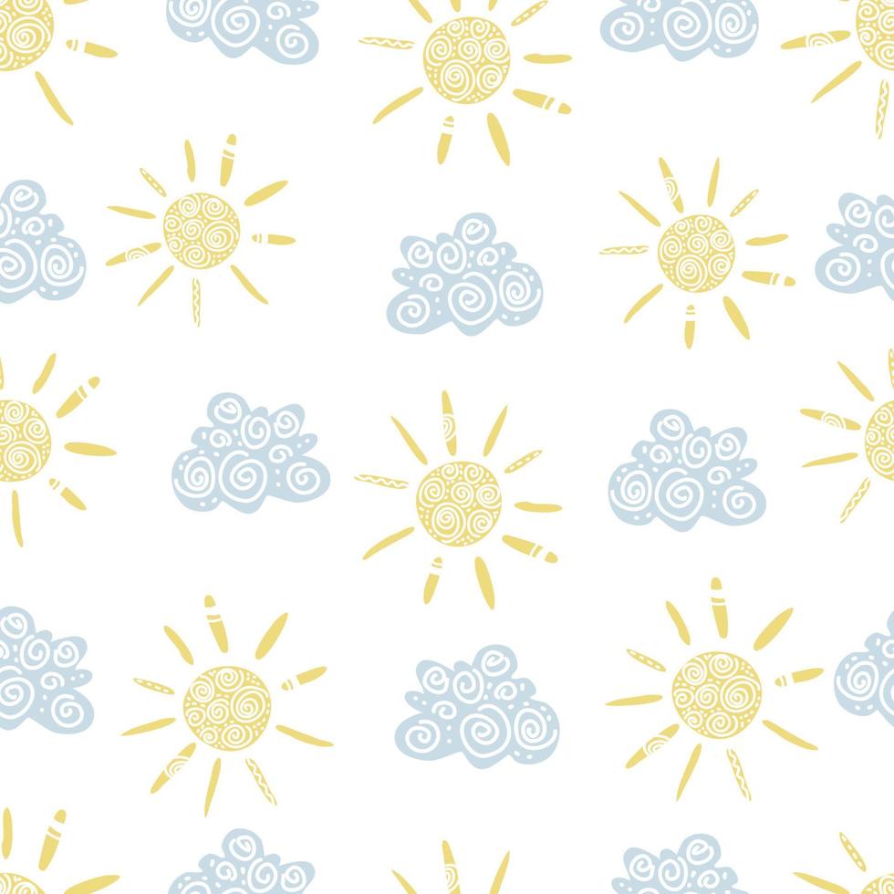 Seamless pattern with hand drawn clouds and sun. Doodle, sketch. Cute background vector