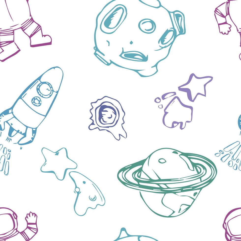 Space seamless pattern print design for kids with cosmic elements, rockets, tars, planets, spaceships. design for fashion fabrics, textile graphics, prints. Hand drawn solar system. vector