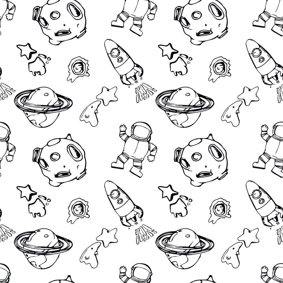 Space seamless pattern print design for kids with cosmic elements, rockets, tars, planets, spaceships. design for fashion fabrics, textile graphics, prints. Hand drawn solar system. vector