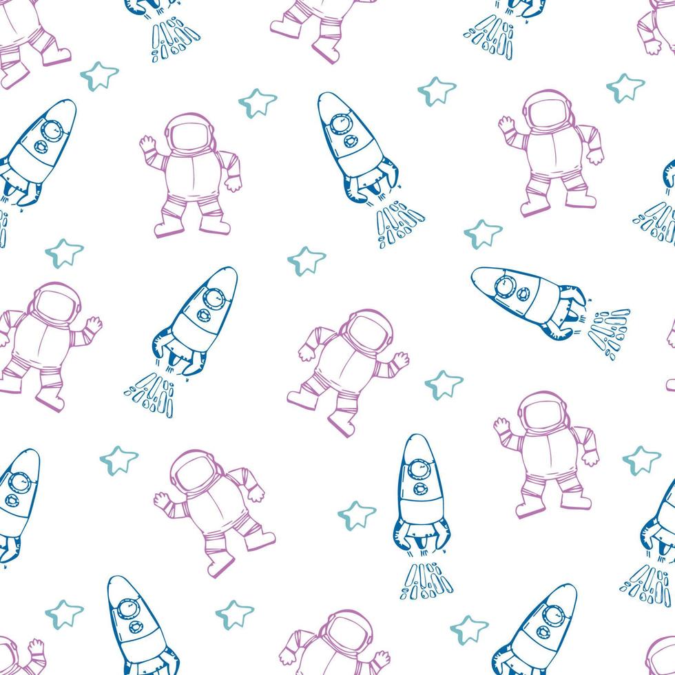 Space seamless pattern. Hand drawn space, spaceships, rocket, stars. Trendy kids vector background. Hand drawn space elements seamless pattern. Space doodle back