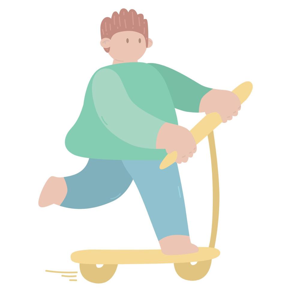 hombre montando patinete. hombres en transportador personal moderno. ilustración vectorial de dibujos animados plana. niño montando scooter eléctrico. transporte ecológico. vector