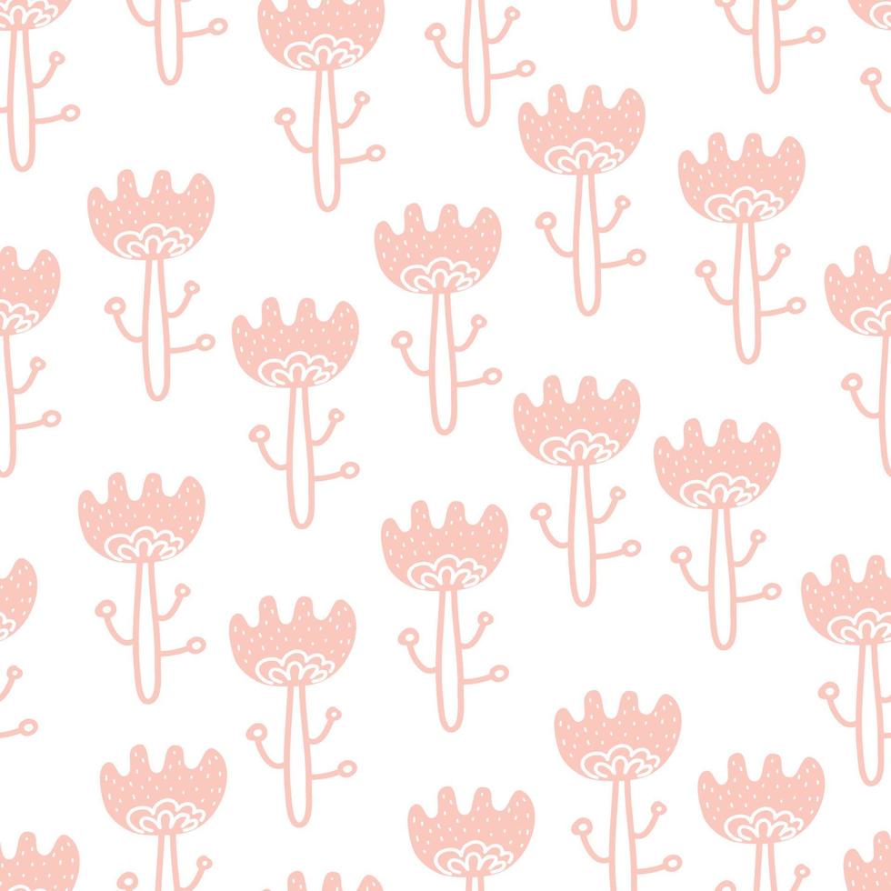 Scandi folk style flowers. Cartoon drawing pink seamless floral pattern. Scandinavian folk style. For fabric, cards, wallpaper, home decor. vector