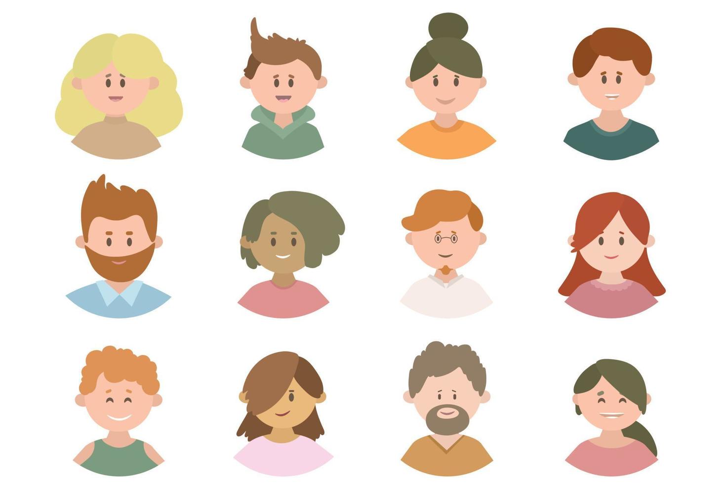 People avatar set. Diversity group men and women. Vector illustration. flat style. User pic, different yong human face icons for representing person in a game, Internet forum, account.