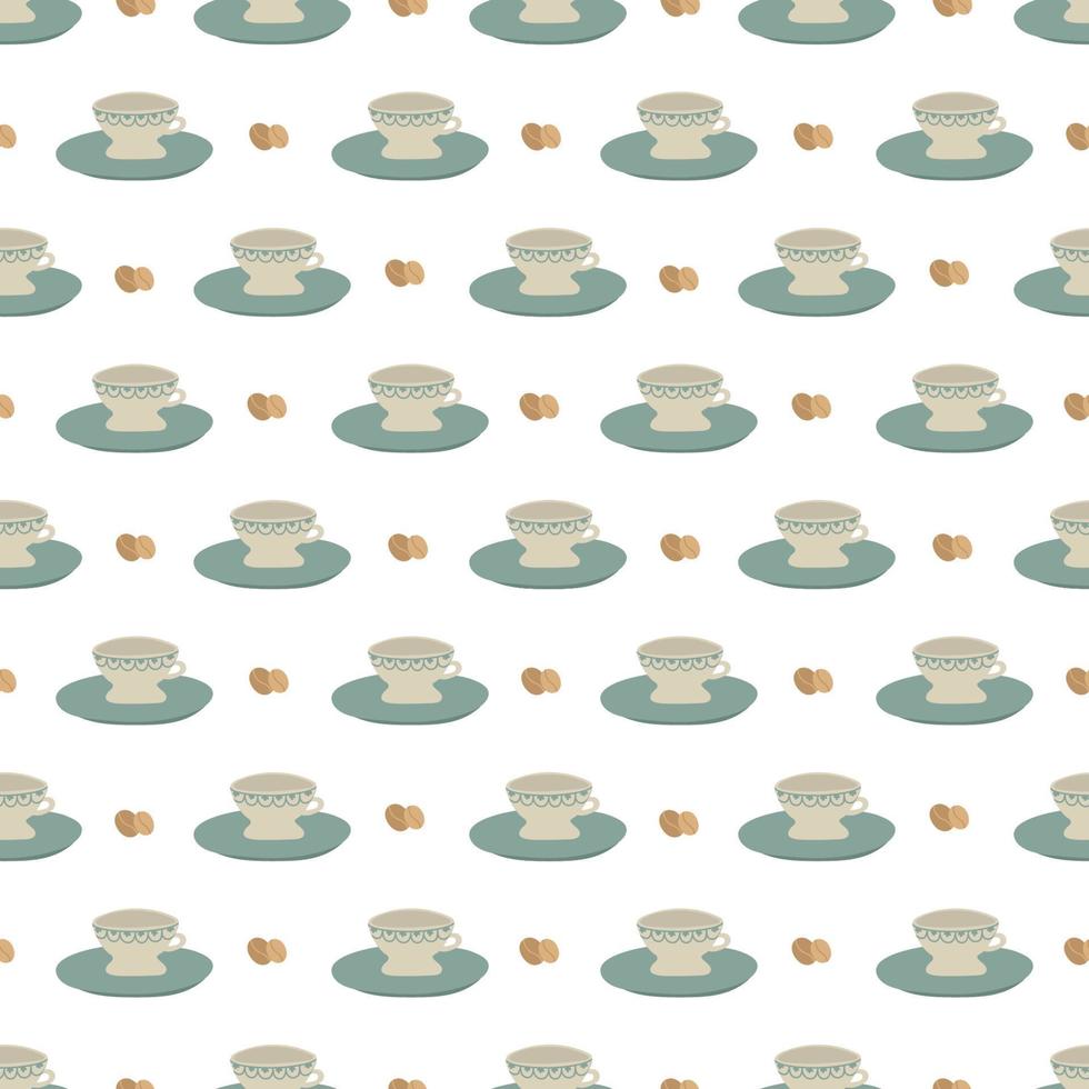 Seamless pattern with cups, saucers. Print with mugs for cafes, textiles and design. Vector flat illustration