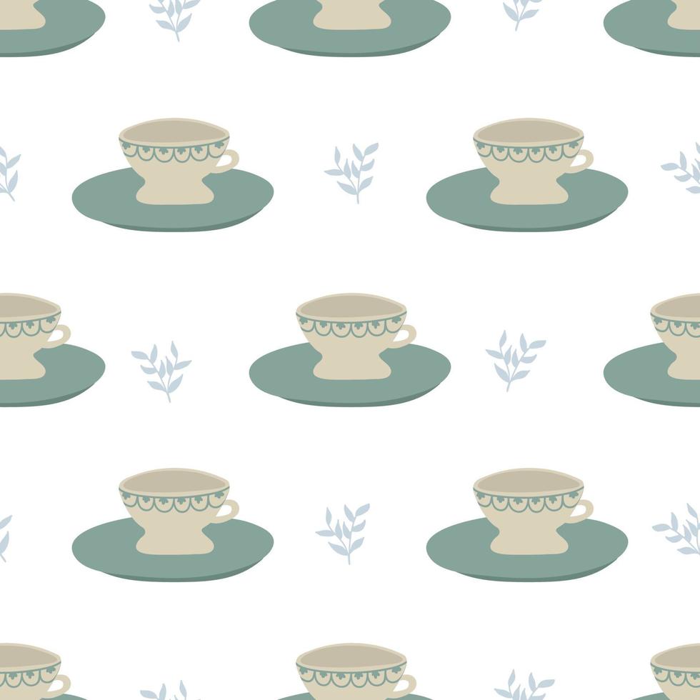 Seamless pattern with cups, saucers. Print with mugs for cafes, textiles and design. Vector flat illustration