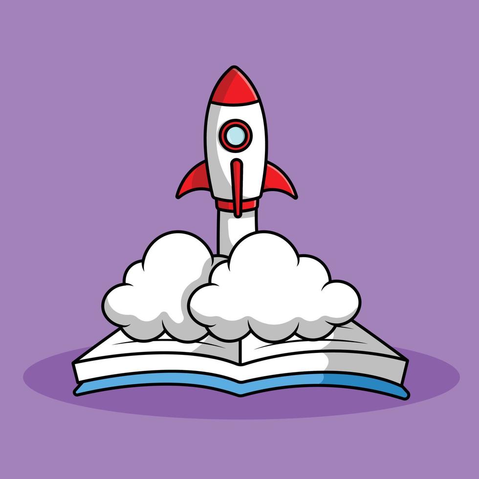 Rocket Launching On Book Cartoon Vector Icon Illustration. Business Technology Icon Concept Isolated Premium Vector. Flat Cartoon Style