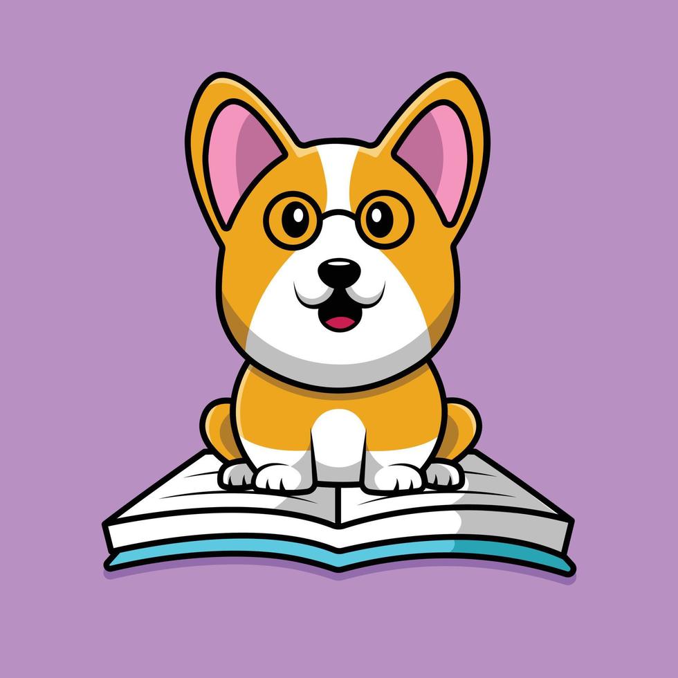 Cute Corgi Dog Sitting On Book Cartoon Vector Icon Illustration. Animal Education Icon Concept Isolated Premium Vector. Flat Cartoon Style