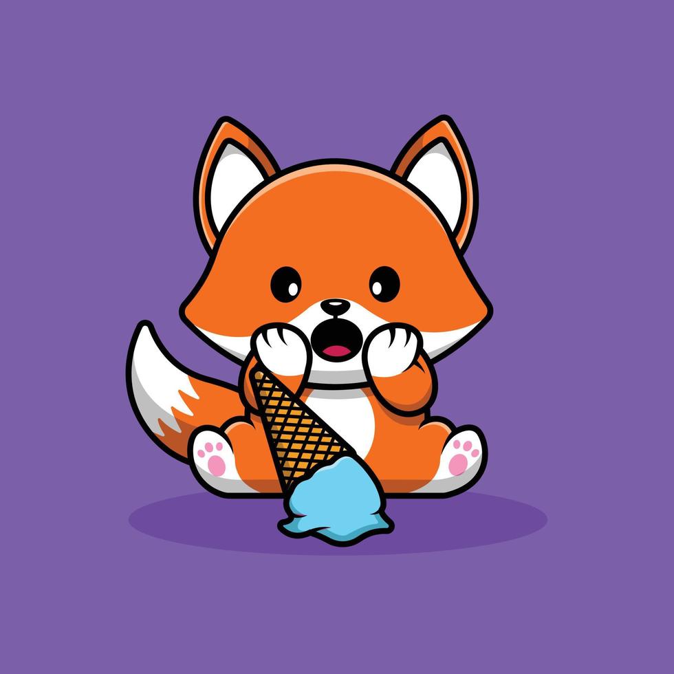 Cute Fox Panic With Ice Cream On Floor Cartoon Vector Icon Illustration. Animal Food Icon Concept Isolated Premium Vector. Flat Cartoon Style