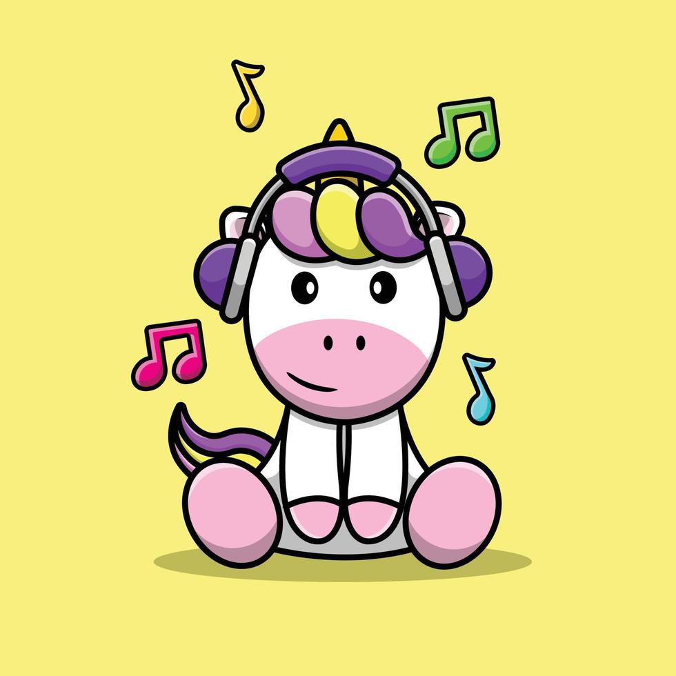 lindo unicornio escuchando música con ilustración de icono de vector de dibujos animados de auriculares. concepto de icono de tecnología animal vector premium aislado.