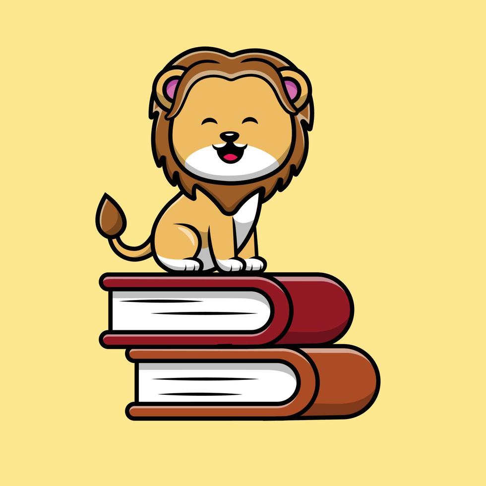 Cute Lion Sitting On Book Cartoon Vector Icon Illustration. Animal Education Icon Concept Isolated Premium Vector.