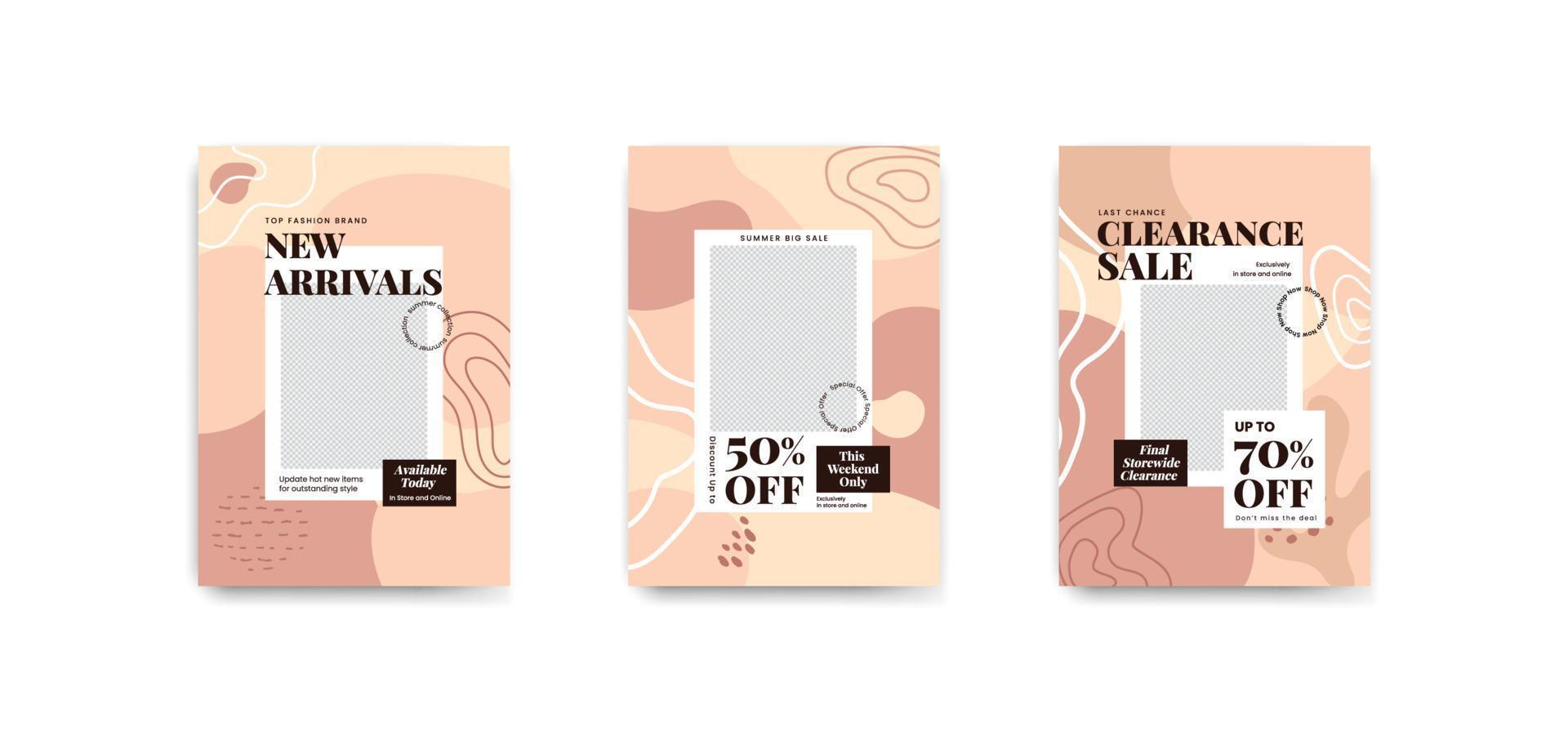 Set of sale invitation banners, advertising template, new arrivals, 50 percent off, clearance sale, organic abstract shapes style, vector illustration