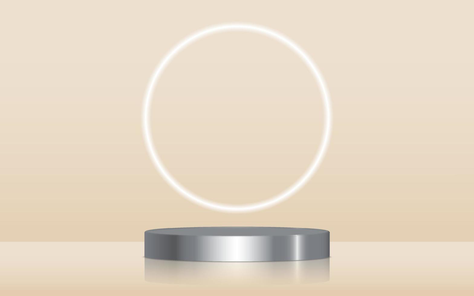 Realistic Silver blank product podium scene isolated with round neon light on gold background. Chrome cylinder mock up scene. Geometric metallic round shape for product branding. 3d illustration vector