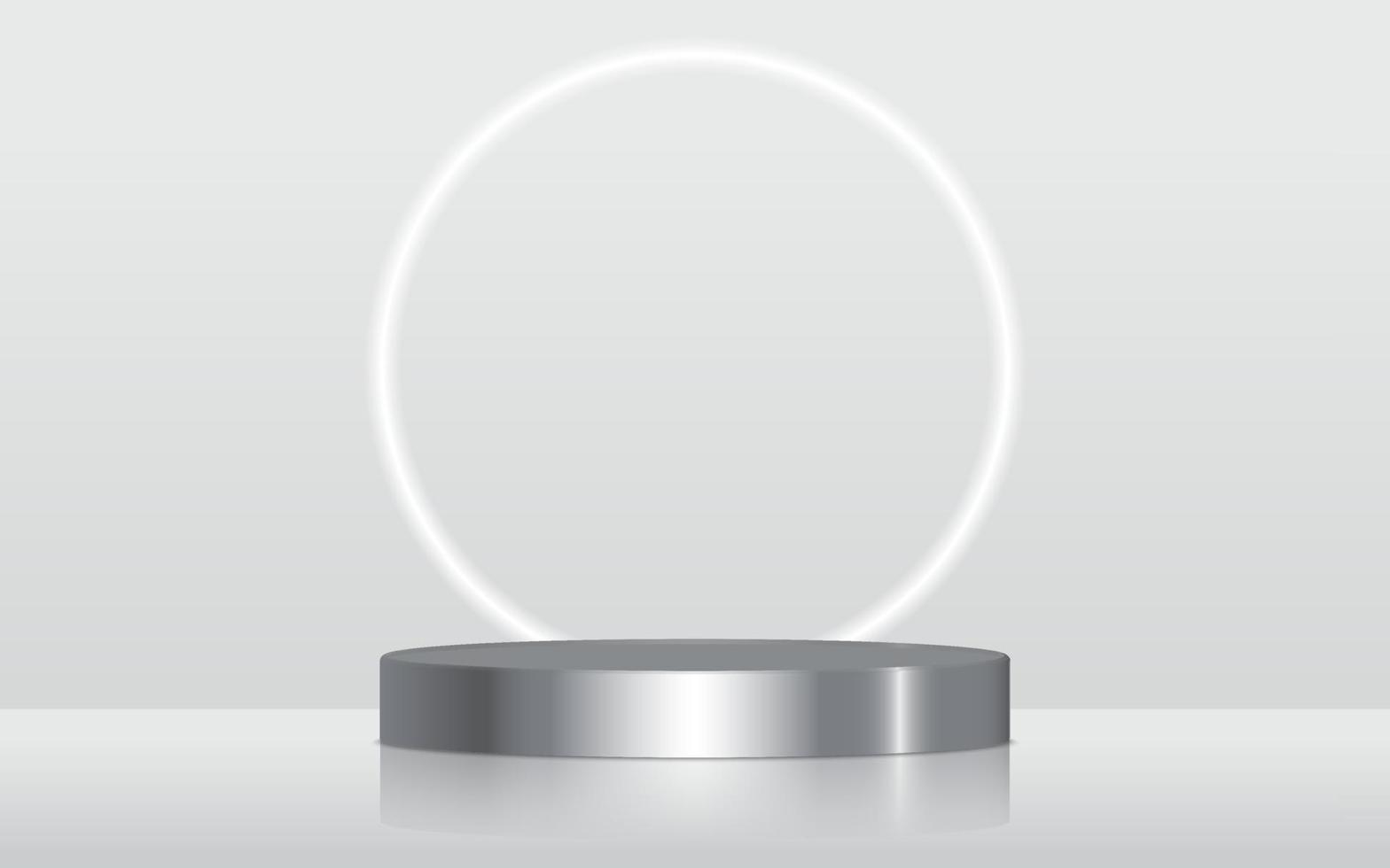 Realistic silver chrome blank product podium scene isolated with round neon light on background. Iron cylinder mock up scene. Geometric metallic round shape for product branding. 3d illustration vector