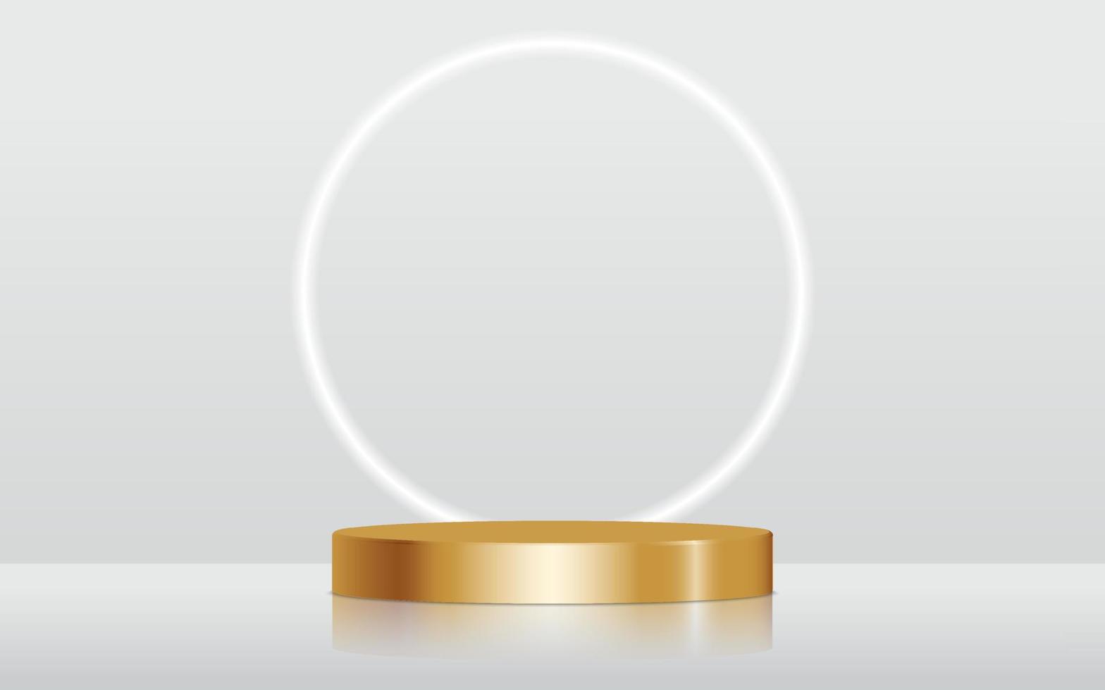 Realistic Golden chrome blank product podium scene isolated with round neon light on grey background. gold cylinder mock up scene. Geometric metallic round shape for product branding. 3d illustration vector