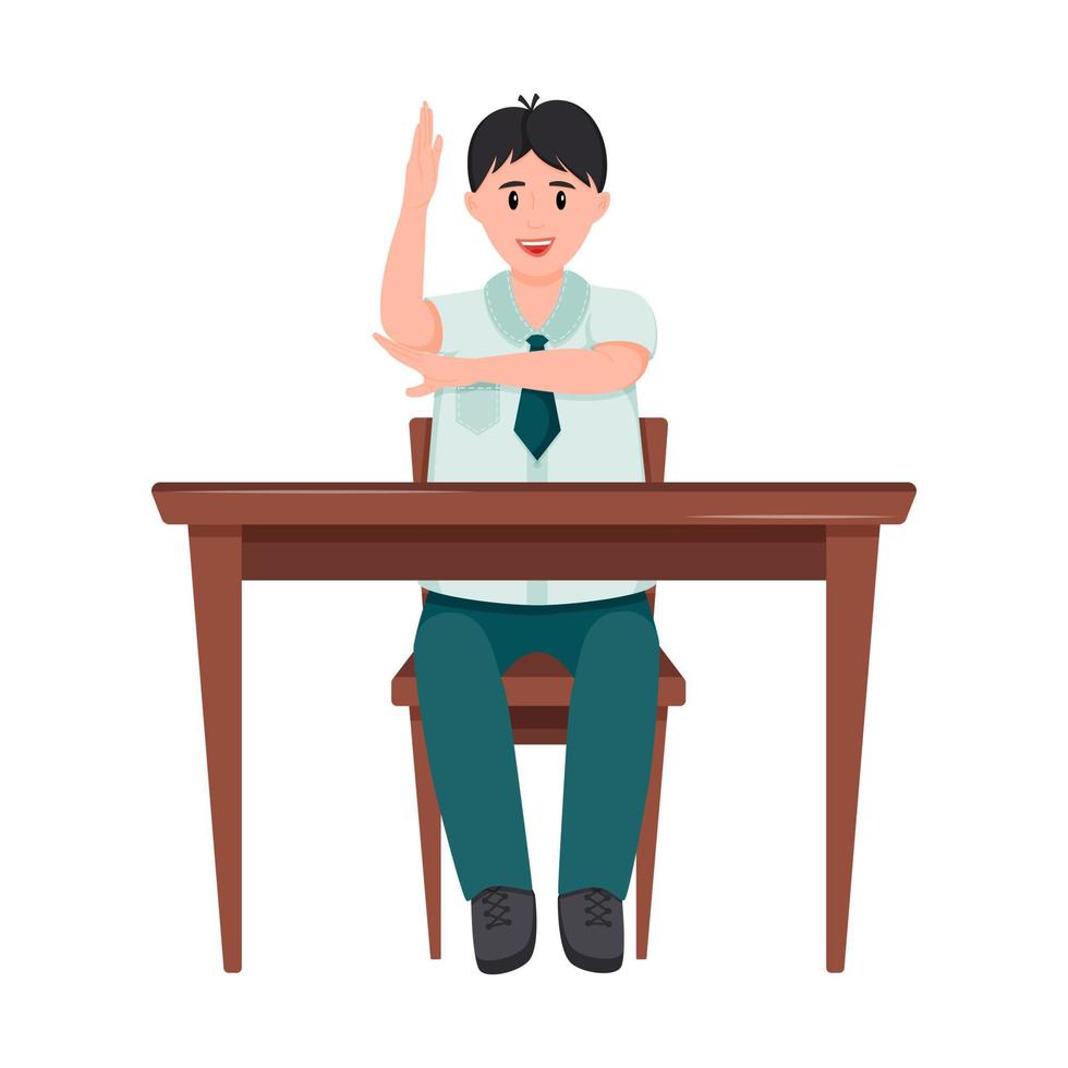 A schoolboy is sitting at a Desk. The student boy raised his hand to answer. The child smiles. School lesson. Elements are isolated on a white background.Color vector illustration in a flat style.