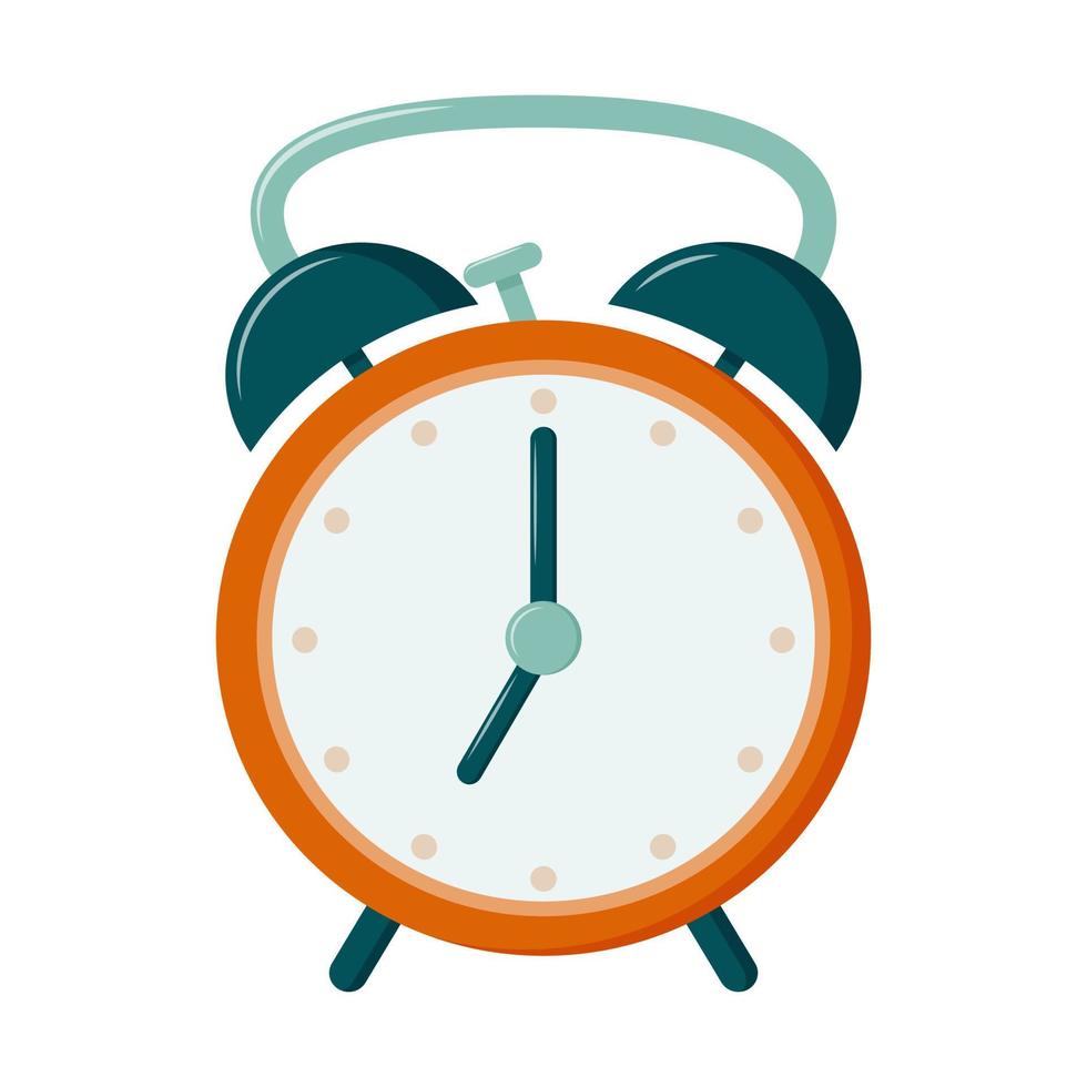 reloj despertador retro con martillo, 7 en punto. hora de levantarse para la escuela y el trabajo. el icono con el reloj. aislado en un fondo blanco. Ilustración de vector de color en un estilo plano.